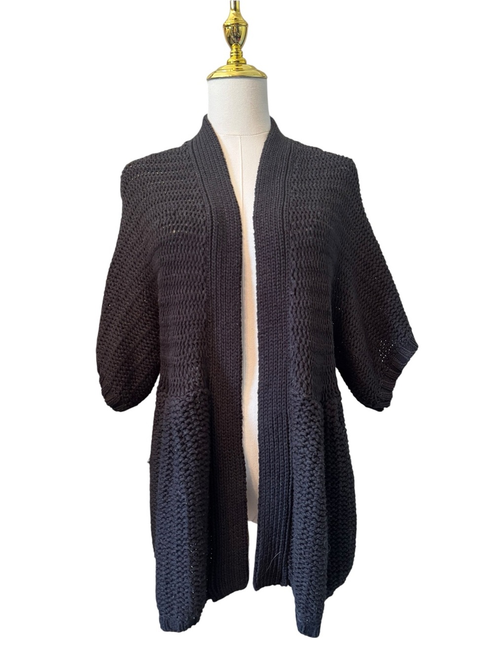 Chico’s Open-Front Black Knit Women's Short Sleeve Sweater Cardigan 2 12 L